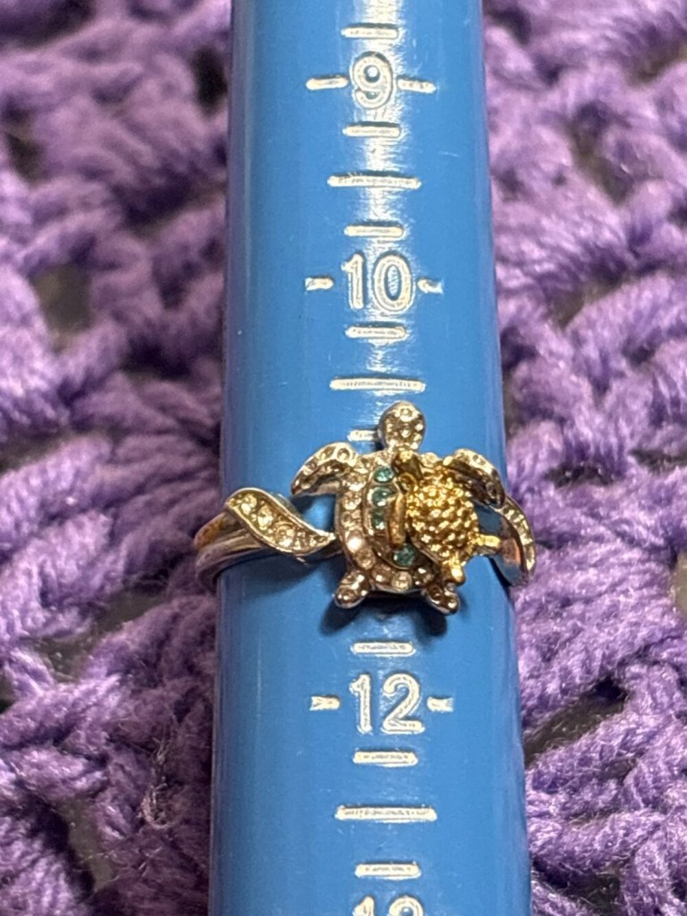 Mom Loves You Forever Turtles Ring Size 11.25 Blue Clear Rhinestones Flawed